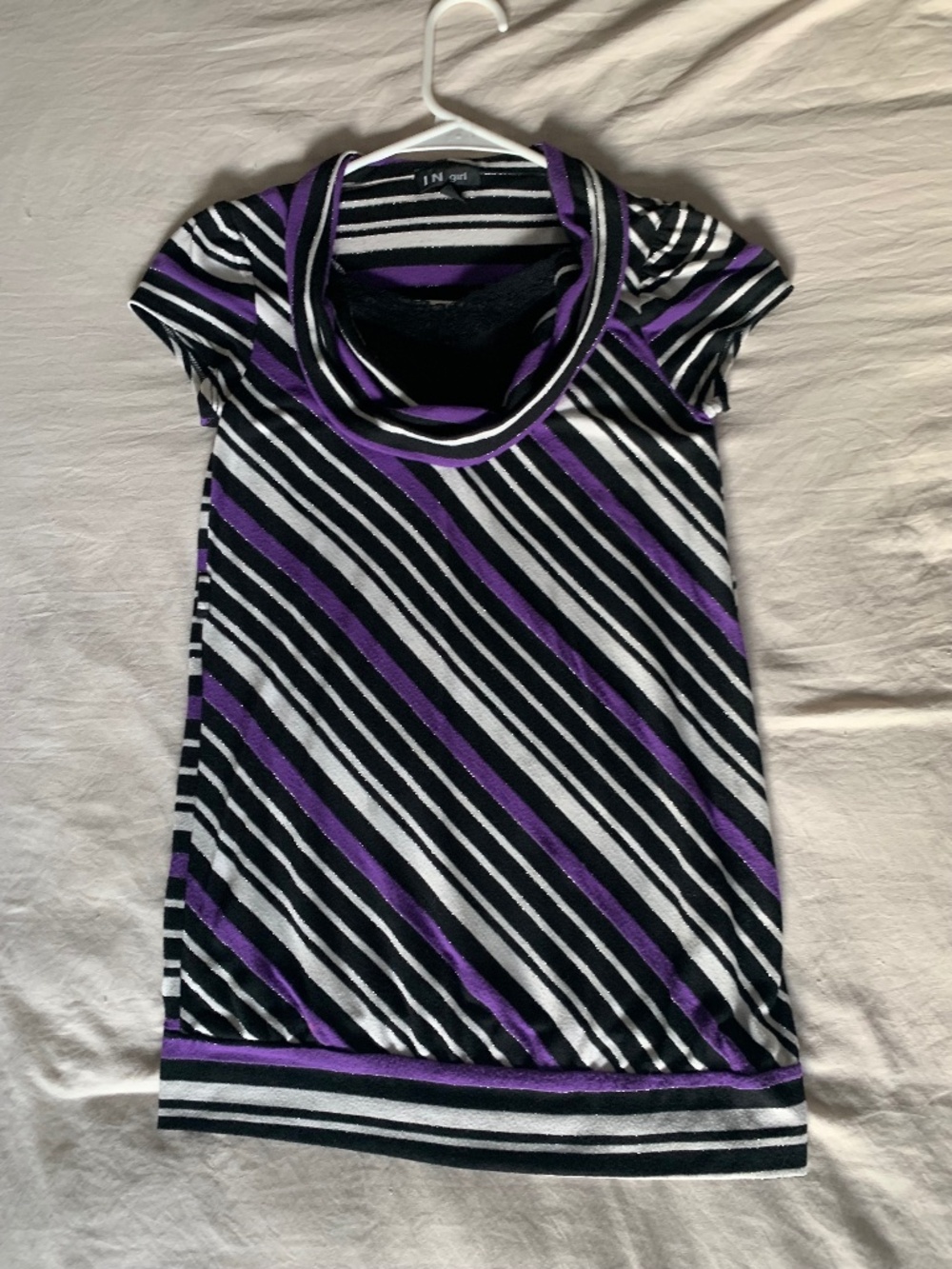 I.N. Girl Diagonal Stripe Top Black White Purple Cowl Neck Cap Sleeve